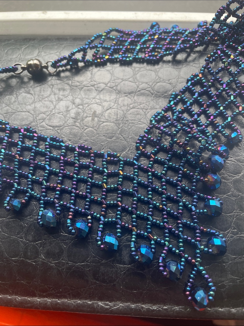 Vintage Beaded Aurora Borealis Blue Collar Necklace Magnetic Clasp
